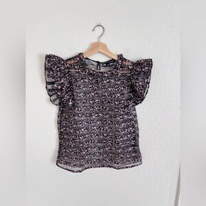 JILL STUART pink + black floral sheer stripe ruffle blouse / size XS